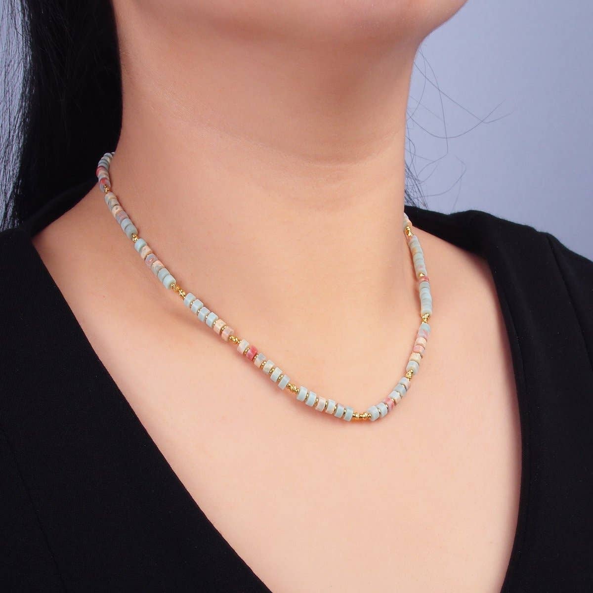 Aim Eternal - Wholesale Choker/Collar - Stainless Steel Red Blue Amazonite Natural Gemstone Bead 16 Inch Choker Necklace | WA-31121