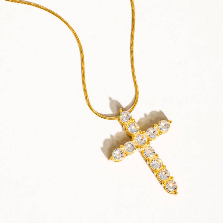 Raeven 18K Gold Non-Tarnish CZ Cross Necklace for wholesale on Faire