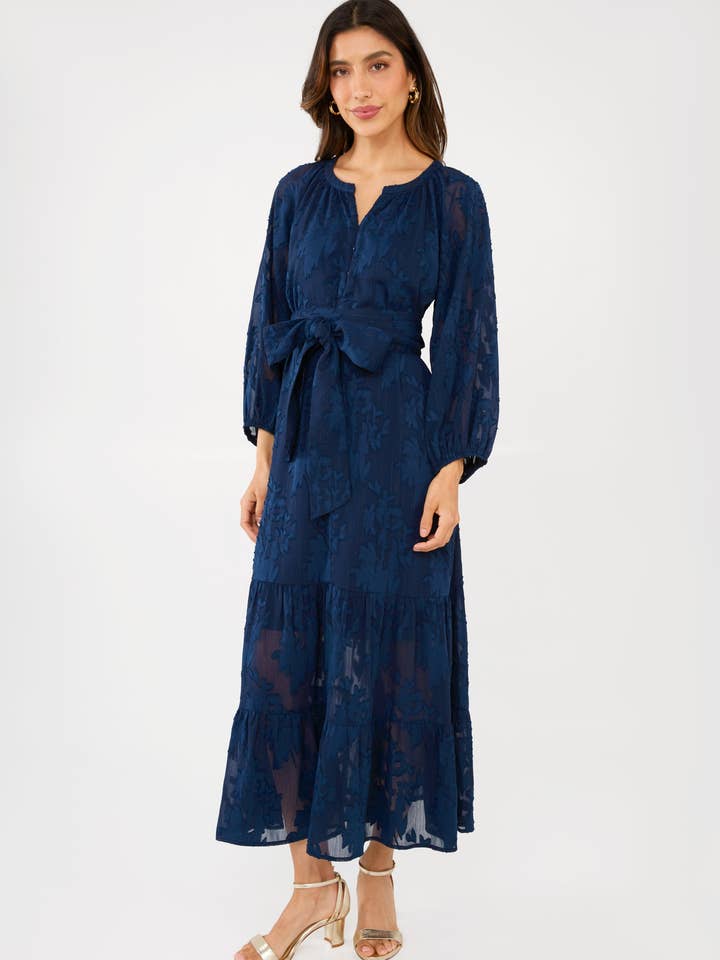 Elise Dress Navy Burnout Chiffon for wholesale by Abbey Glass
