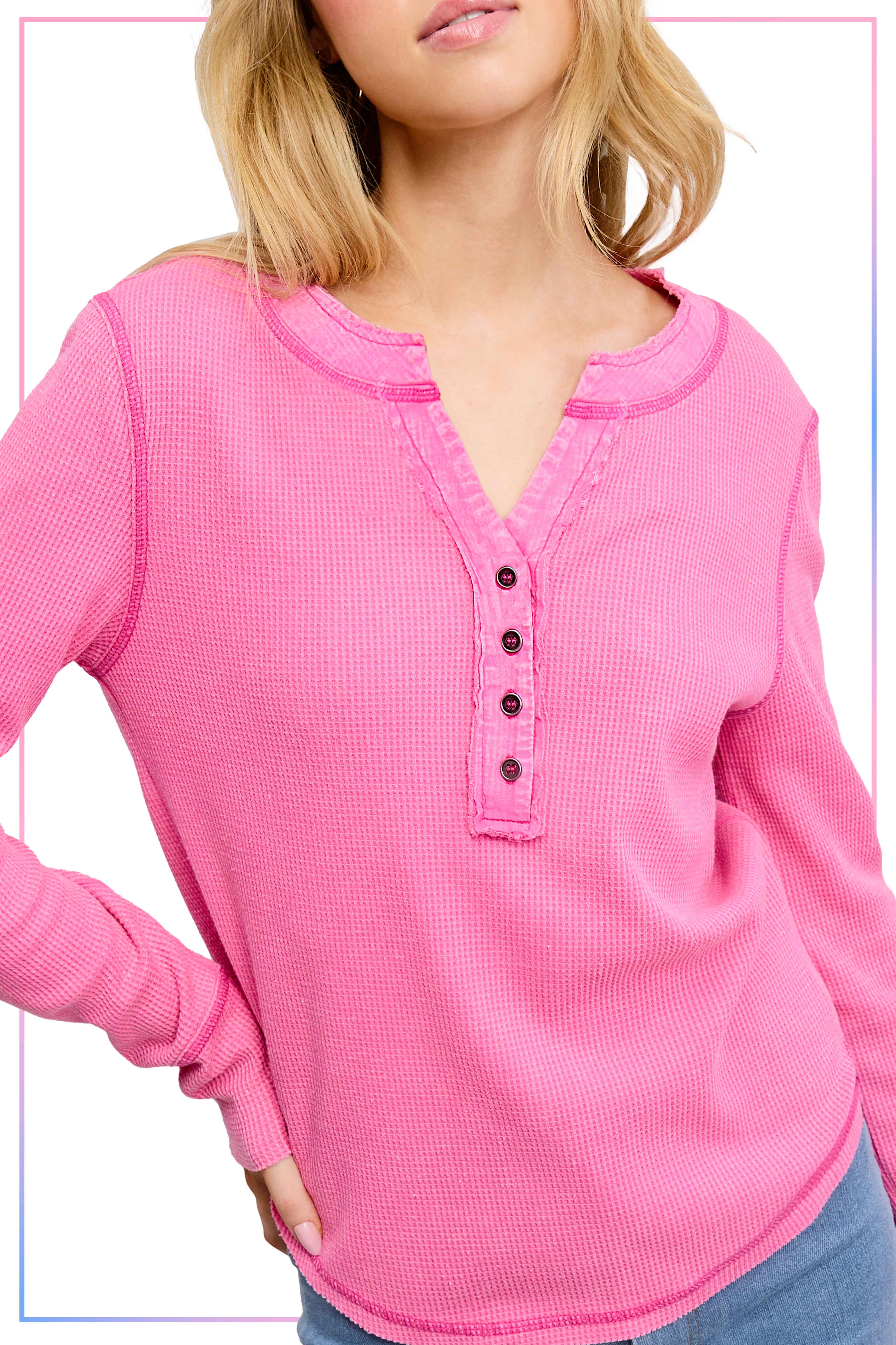 La Miel - Vente Haut en maille – femme - HCT7679-Haut thermique Henley à manches longues et boutonné sur le devant1