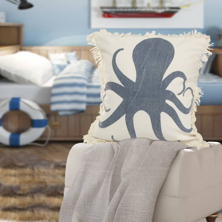 Cream Charcoal Navy Nautical-Themed Cotton Accent Pillow with Textured Edge for wholesale on Faire7