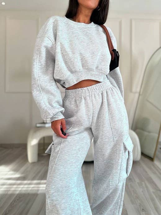 Rosa Clothing - Wholesale Top & Pant Set (NOT Loungewear) - Women's - R-Neck Cropped Sweatshirt Pocket Baggy Sweatpants Set
