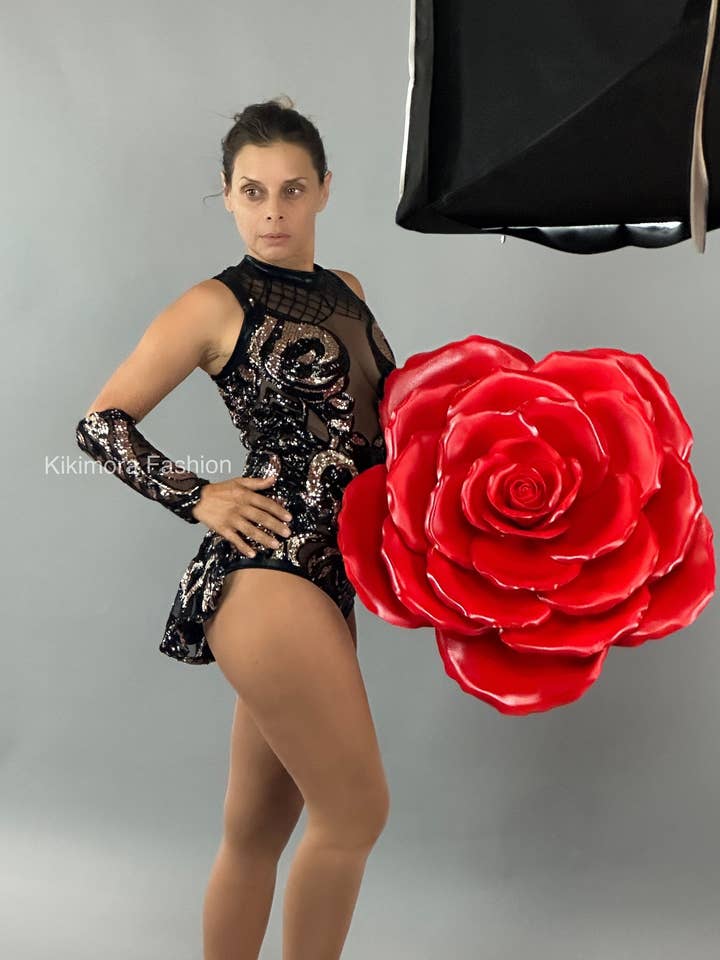 Black and Rose Gold Sequins Mesh Leotard, Sleeveless, Hand Accessories for wholesale by Kikimora Fashion