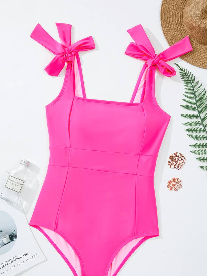 Pink Square Neck Knotted Shoulder Open Back One Piece Swimsuit for wholesale on Faire7