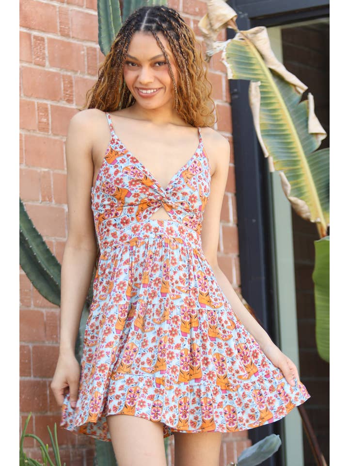 ANGIE - Wholesale Dress - Women's - C4143-WA86 COWGIRL BOOT PRINT V NECK TWIST FRONT SUNDRESS
