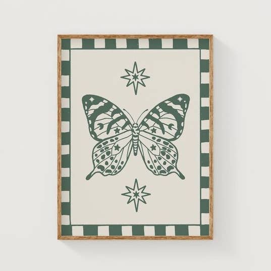 Impression artistique papillon à damier avec étoiles vertes pour la vente par Steph Marie Art