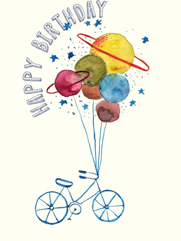 Grattis på födelsedagen - Cyklar och planeter - Gratulationskort för wholesale av Maria Zvaric Illustration