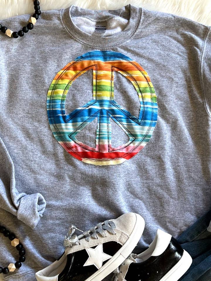 Watercolor Peace Sign Fabric Applique Gray Sweatshirt for wholesale by Plain Apparel Tees