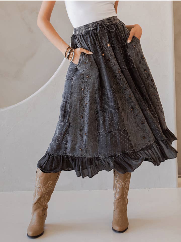 Young Threads - Wholesale Skirt - Women's - Women Patchwork Embroidered Maxi Skirt With Side Pockets1