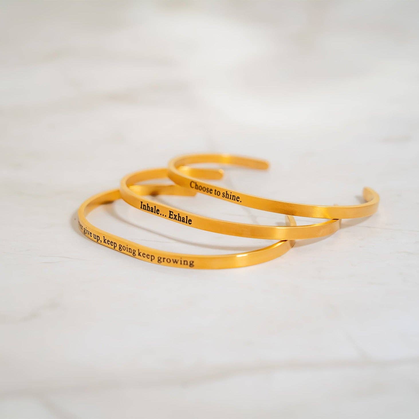 WJW - Wholesale Cuff Bracelet - 18K Gold PVD Never give up Engraved Bangle Bracelet5