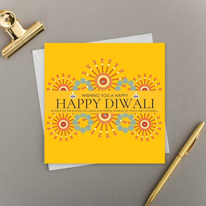 x6 Diwali Card Fireworks Borders Bright Yellow Greeting Card for wholesale by Eastern Print Studio