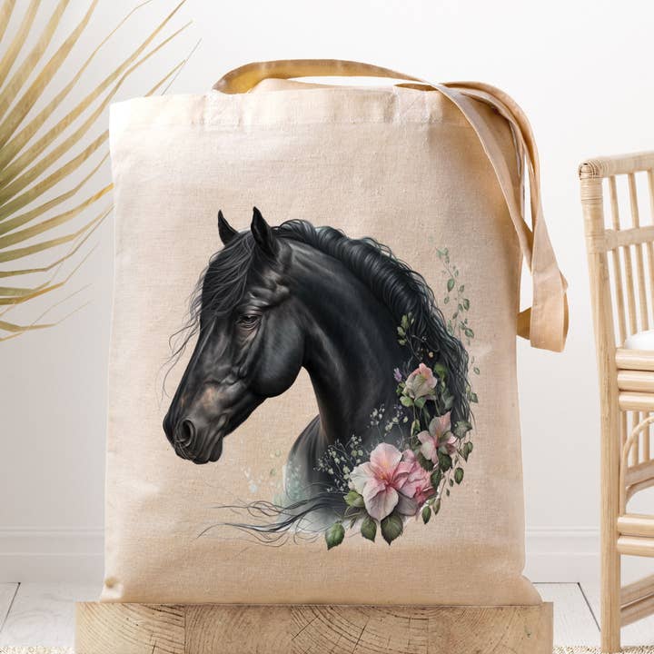 Bay Floral Horse / Equine / Head- Canvas Tote Bag for wholesale by Dark Horse Dream Designs LLC