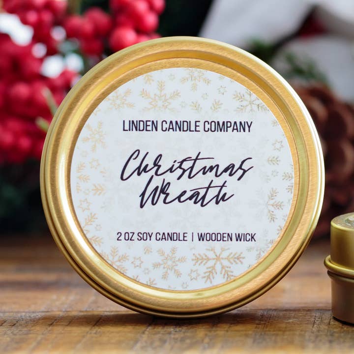 Christmas Wreath 2oz Mini Holiday Soy Candle for wholesale by Linden Candle Company