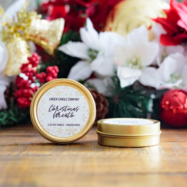 Christmas Wreath 2oz Mini Holiday Soy Candle for wholesale by Linden Candle Company