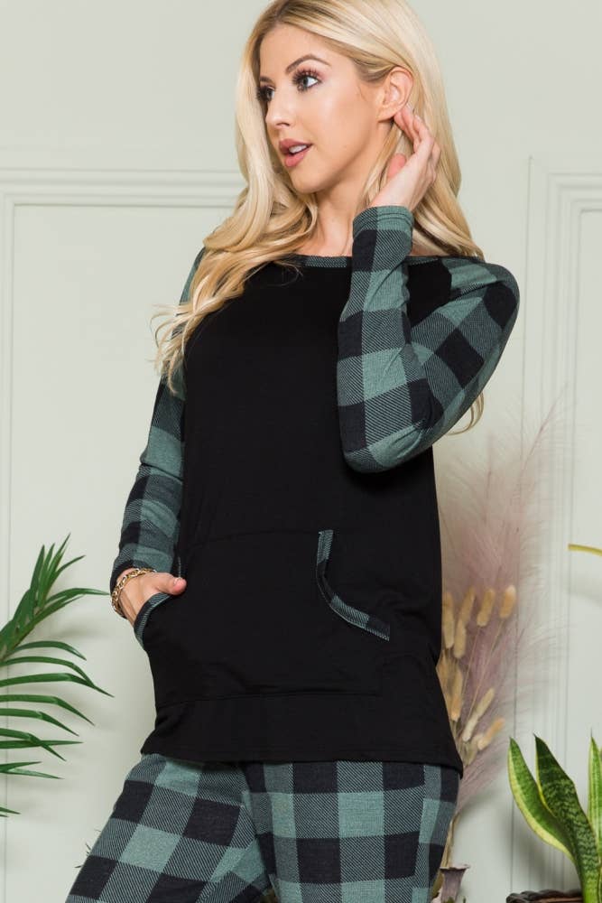 Celeste Clothing - Wholesale Knit Top - Women's - CT43591-SOLID TOP WITH PLAID CONTRAST SLEEVE0