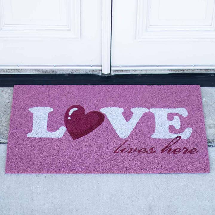The Royal Standard - Wholesale Door Mat - Love Lives Here Coir Doormat Pink/White 30x18