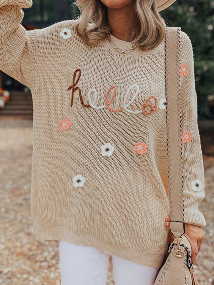Jersey holgado de punto bordado floral Parchment Hello para venta al por mayor de EG fashion