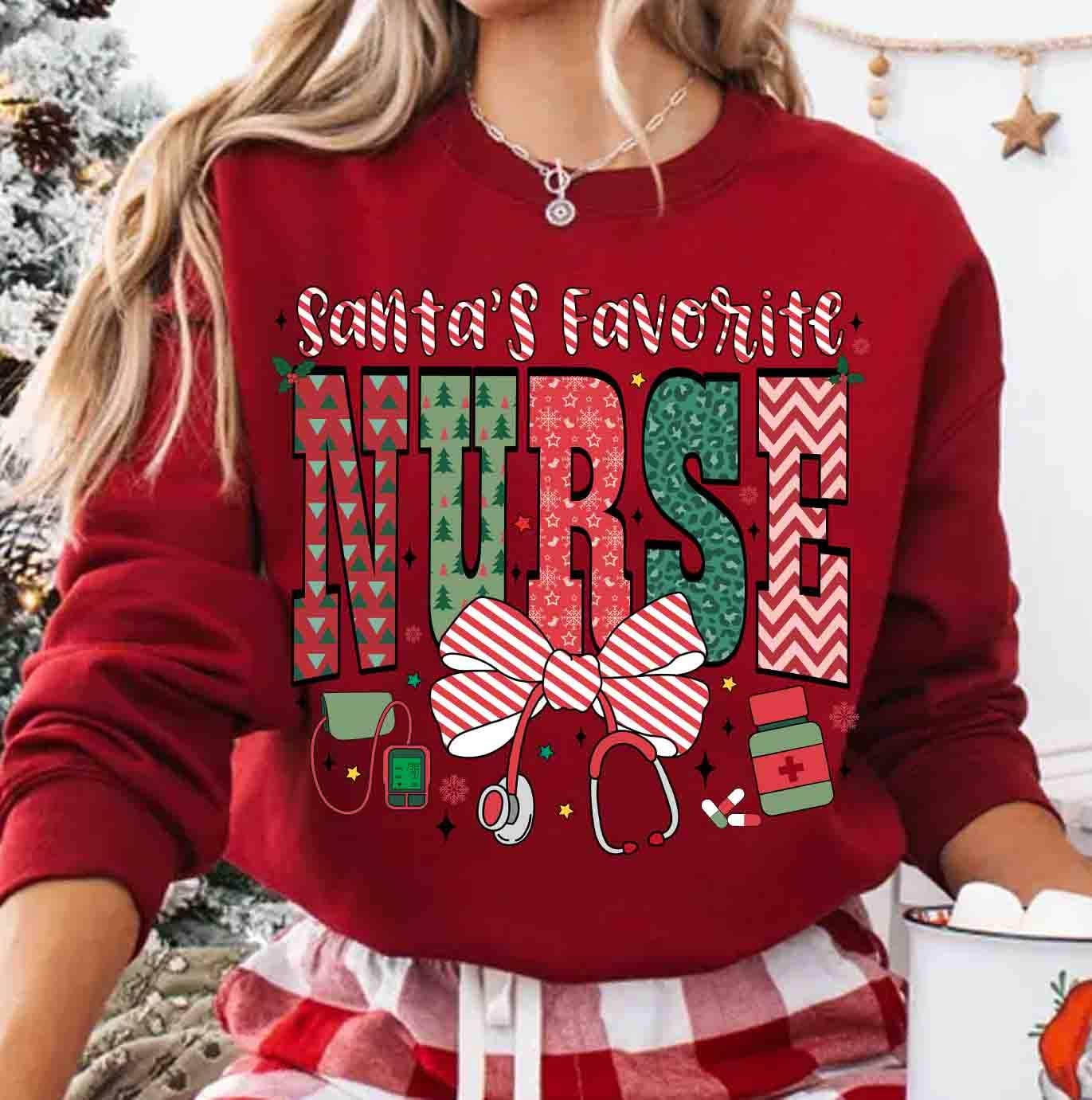 NVC Ecommerce LLC - Wholesale T-Shirt (Graphic) - Women's - Santa’s Favorite Nurse Shirt, Christmas Nurse Sweater3