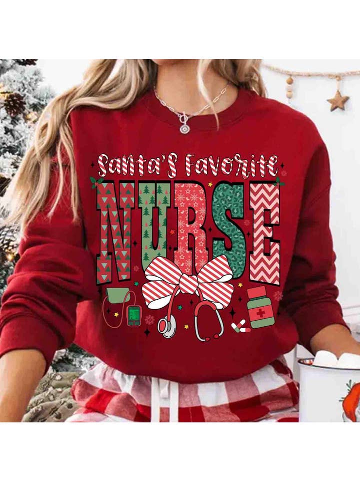 NVC Ecommerce LLC – wholesale T-shirt (graphic) – women's – Santa’s Favorite Nurse Shirt, Christmas Nurse Sweater3