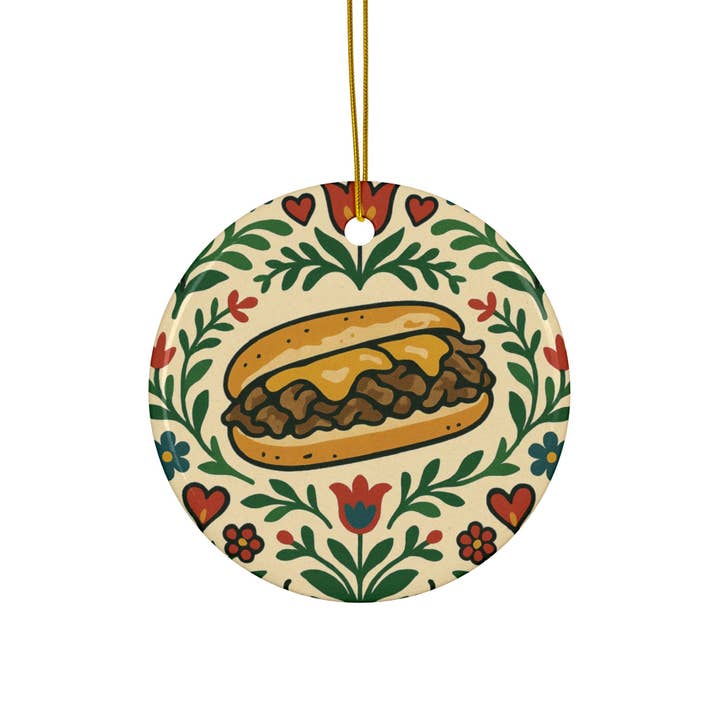 Philly Cheesesteak Ceramic Ornament – Pennsylvania Folk Art Foodie Holiday Décor for wholesale by Rainbow Unicorn Birthday Surprise