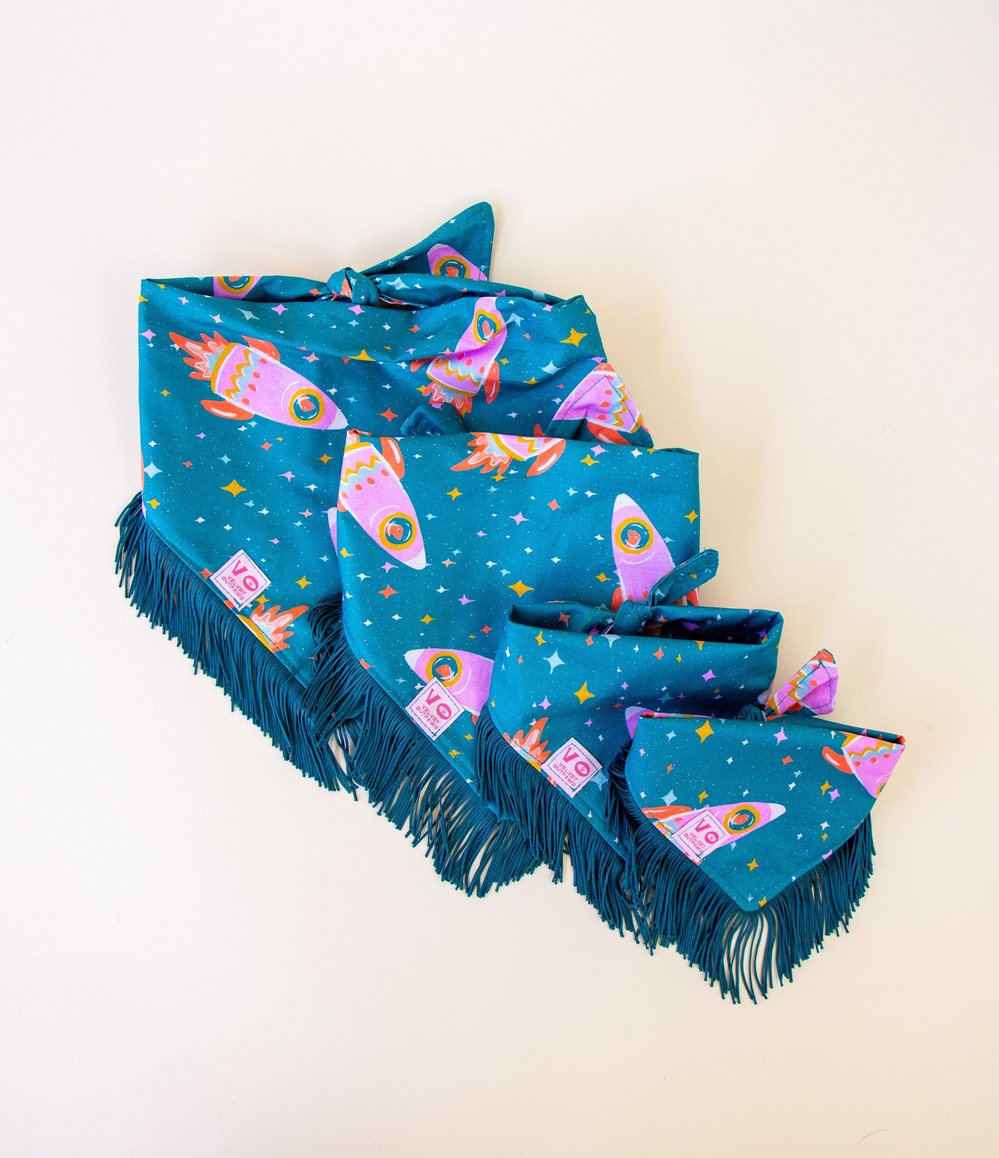 Velvet Outlaw - Wholesale Pet Bandana - Dog - Space Cowboys with Teal Fringe Dog Bandana11