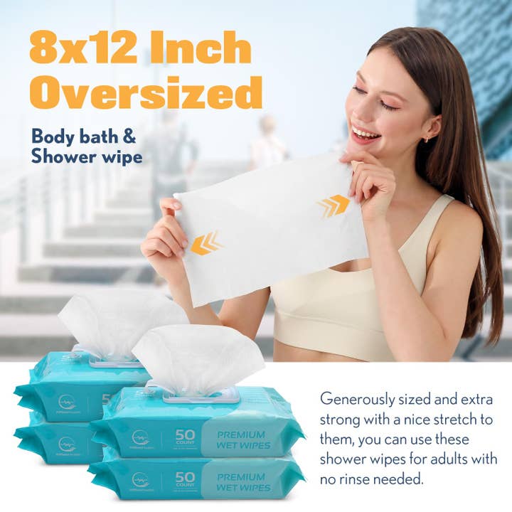 AllSett Health - Wholesale Face & Body Wipes - Body Wipes for Adults - XL Wet Wipes 8" x 12" (50 count) | Rinse Free Bathing Wipes - Wash Cloths for incontinence, Disposable Washcloths with Aloe Vera and Vitamin E - Camping, Elderly, Bathing