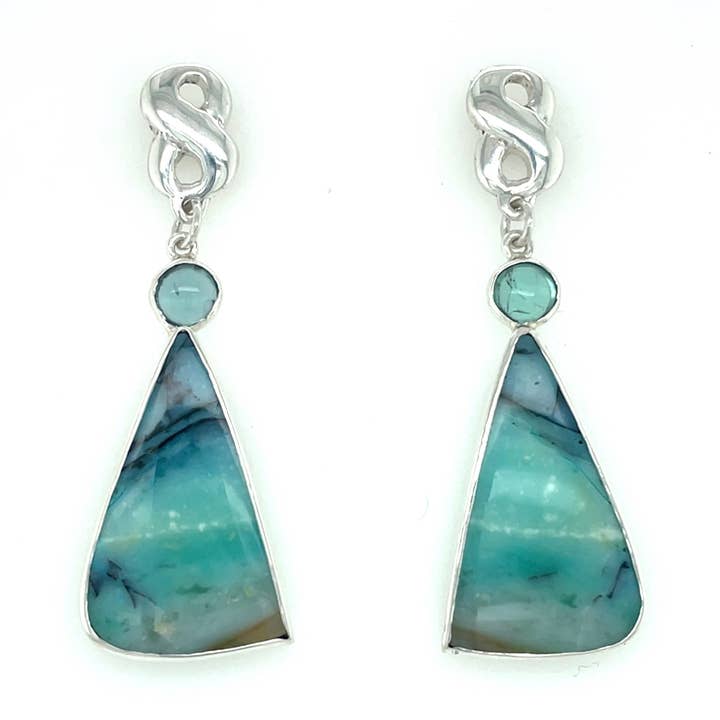 Sterling Silver Tourmaline, Indonesian Petrified Wood, Blue Opal Infinity Earrings for wholesale by Ellen Hoffman Designs