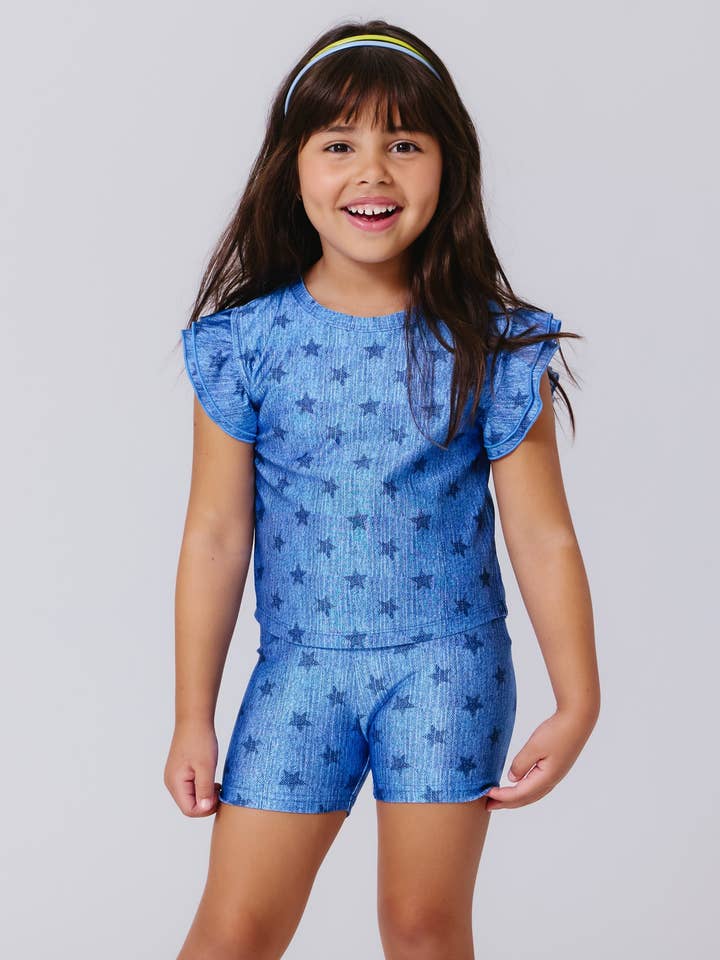 Piger Hi-Shine Flæse Crop Top i Stjerne Denim for engroshandel hos Terez