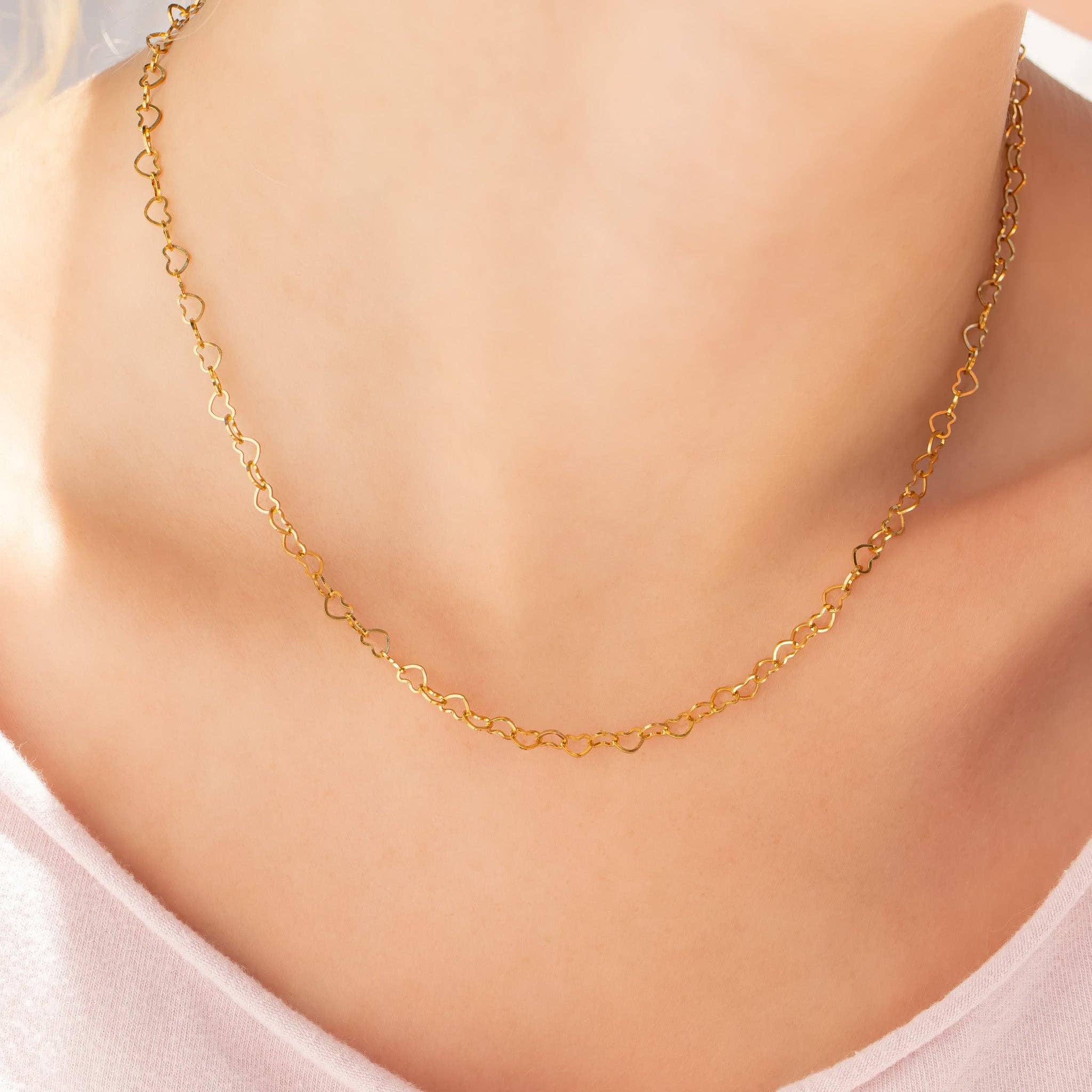 WJW - Wholesale Link & Chain Necklace - 18K Gold PVD Stainless Steel Linked Heart Chain Necklace12