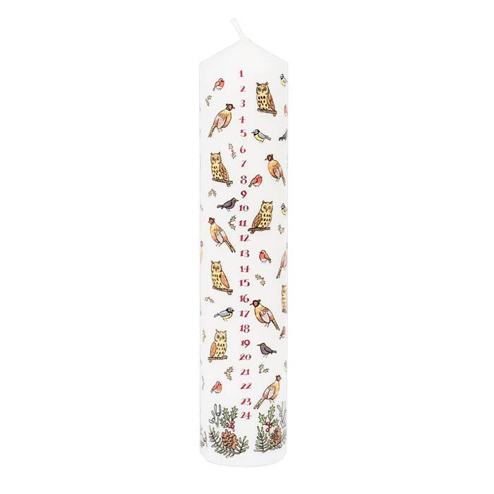 Winter Birds Christmas Large Pillar Advent Candle for wholesale by Alison Gardiner US