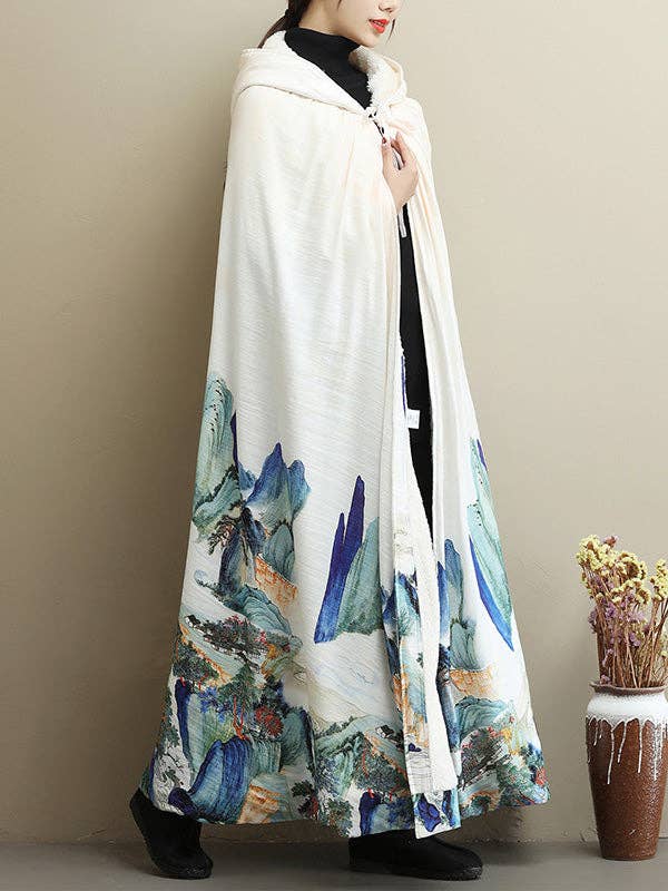 White Thickened Vintage Printed Cape Coat for wholesale on Faire2