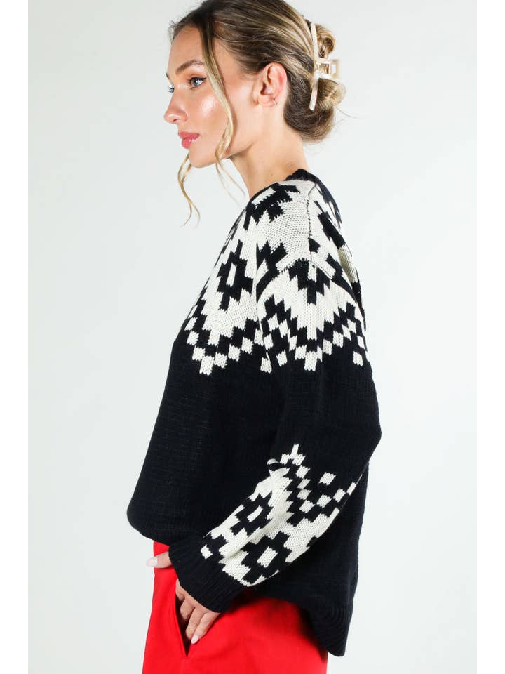 Vine & Love - Wholesale Knit Sweater - Women's - Crew Neck Aztec Patterned Knitted Sweater Top VT81548