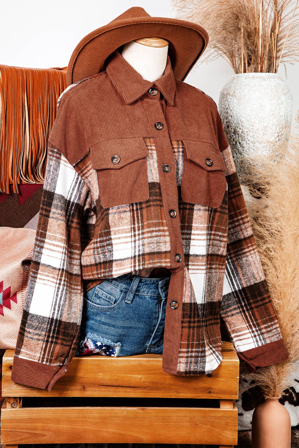 fashionworks - Vente Veste-chemise – femme - Veste d'automne en velours côtelé à carreaux et patchwork à la mode8