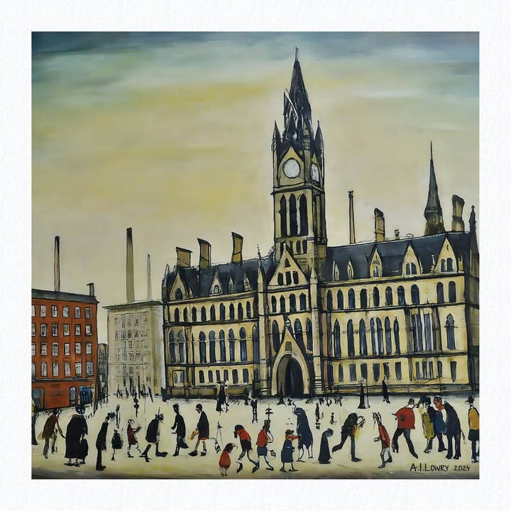 Manchester Town Hall - Giclée Art Print 21cm Square. Attractive Image in the Style Of LS Lowry for wholesale by AI Lowry