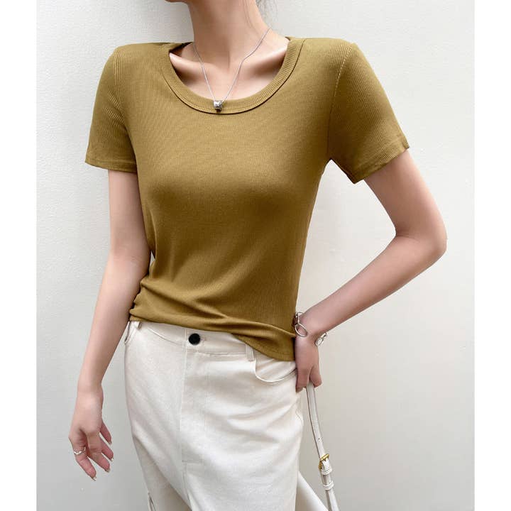 SALINA TRADING INC - Wholesale T-shirt – women's - Summer Women Simple Basic Solid Color U-Neck T-Shirt6