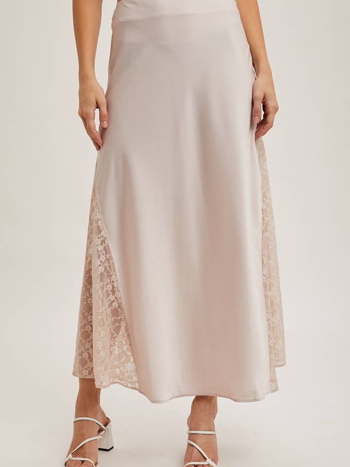 Bluivy - Wholesale Skirt - Women's - LACE TRIMMED MID-RISE SATIN MIDI SKIRT
