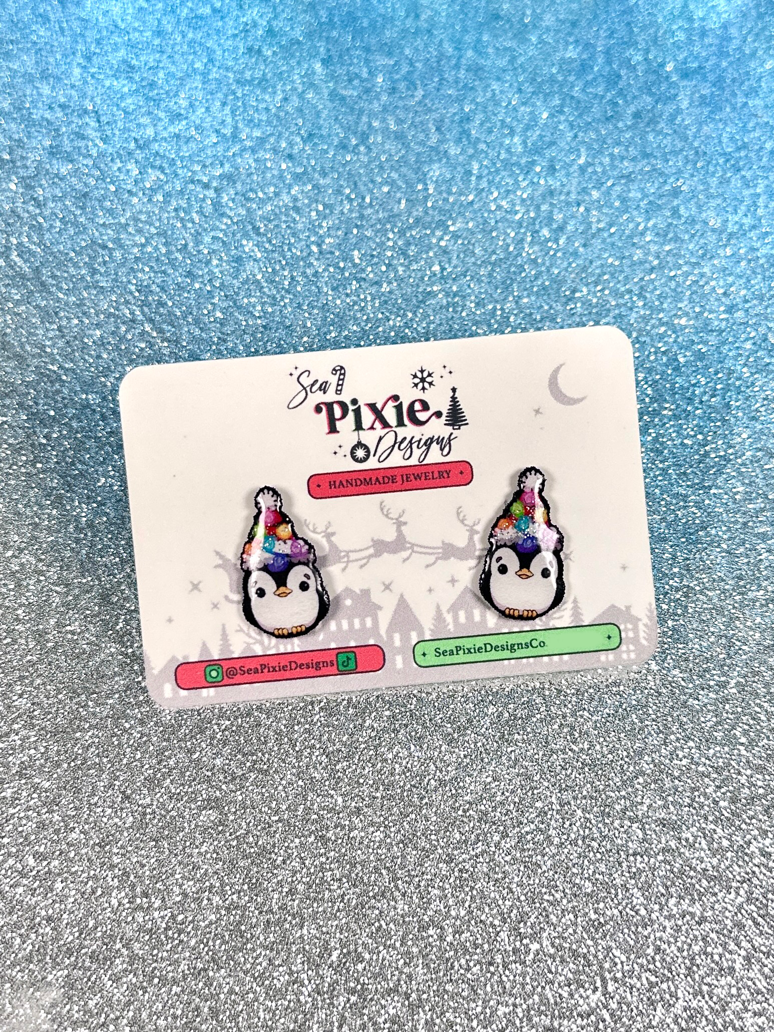 Sea Pixie Designs - Wholesale Stud/Post Earrings - Groovy Glitter Penguin Santa Claus Christmas Stud Earrings3
