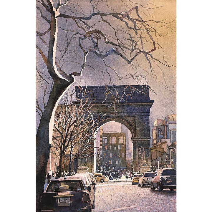 Arco Triunfal na Washington Square- Nova Iorque, Nova Iorque (EUA). Pintura original em aguarela Nova Iorque pintura pintura fine art por atacado de Ryan Fox Fine Art