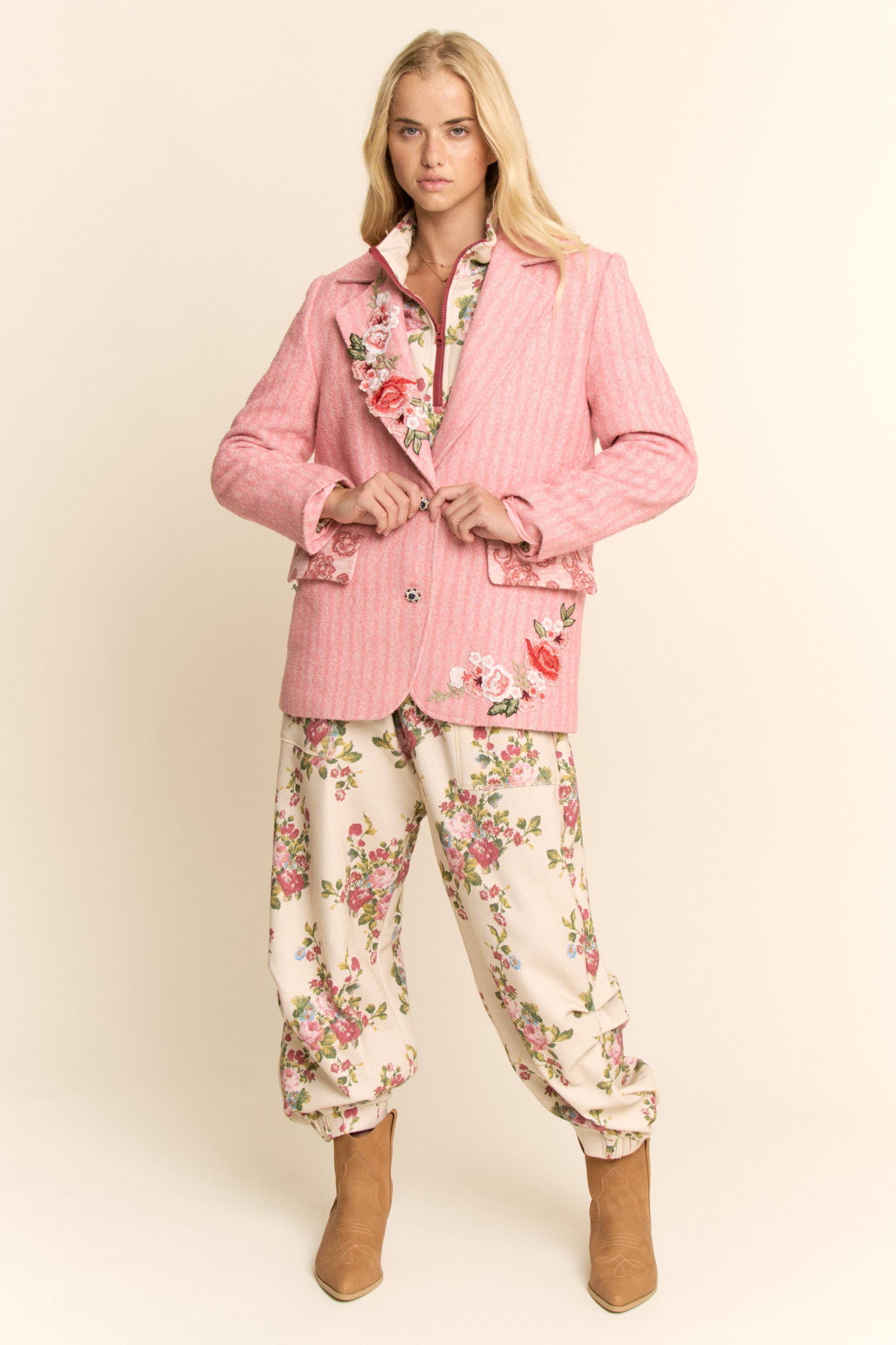 Pink PLUS HARRINGBONE EMBROIDERED EMBROIDERED JAKCET for wholesale on Faire7