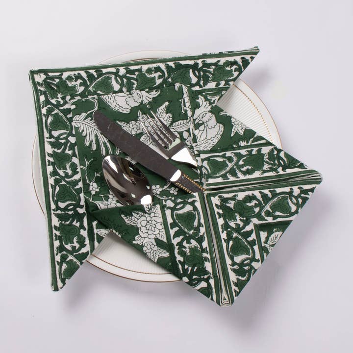 Serviettes à bordure imprimée à la main Fabricrush vertes pour la vente par Fabricrush