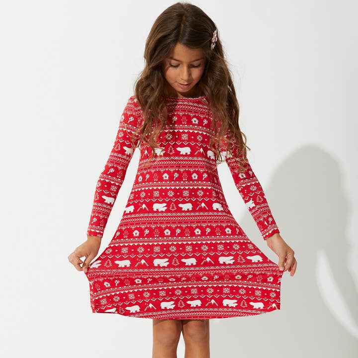 Polar Isle Red Christmas Bamboo Girls' Long Sleeve Dress for wholesale by Bellabu Bear