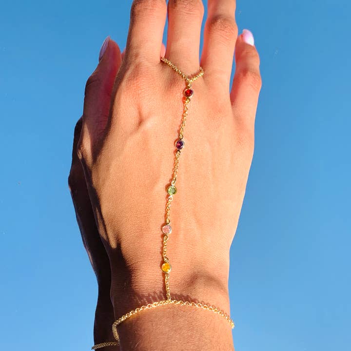 Gold Filled Colored CZ Hand Chain Bracelet – Dainty Ring Chain Jewelry for wholesale by Mali Beads