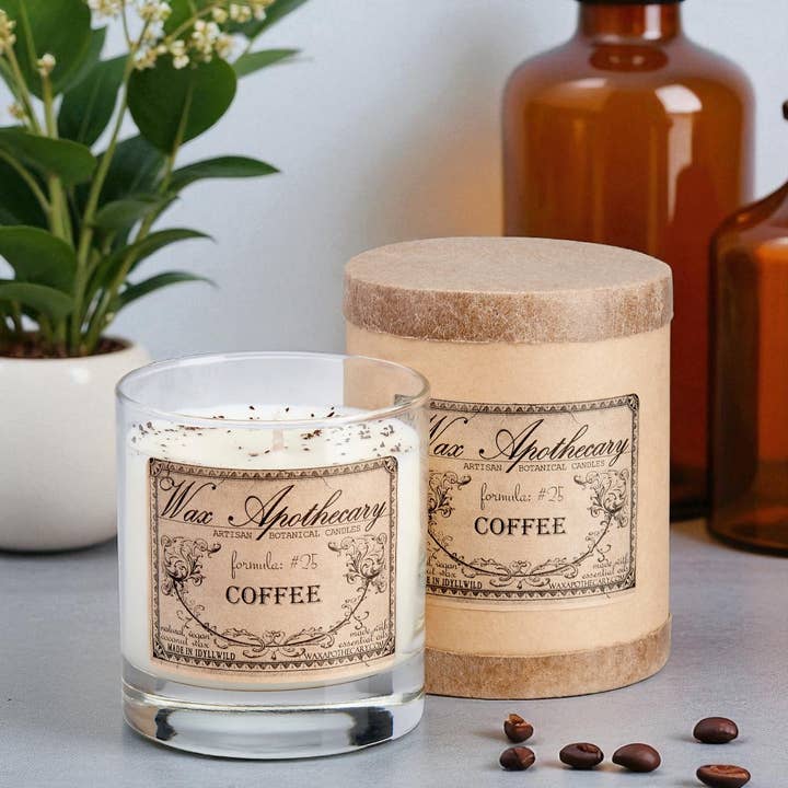 Coffee 7 oz Botanical Candle in Scotch Glass for wholesale by Wax Apothecary