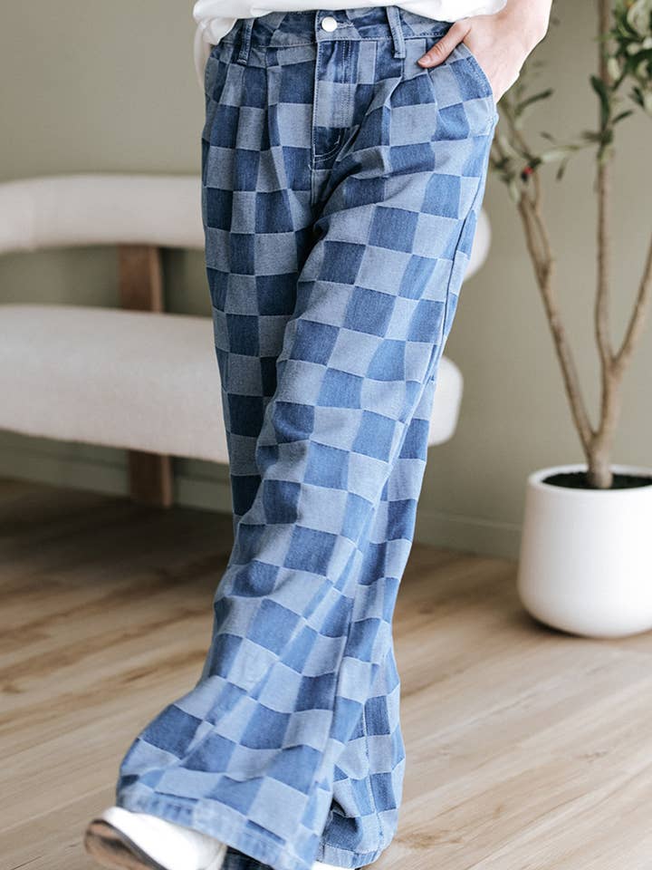 Hope & Sunshine - Wholesale Jeans - Women's - Checkered Print Wide-Leg Denim Jeans