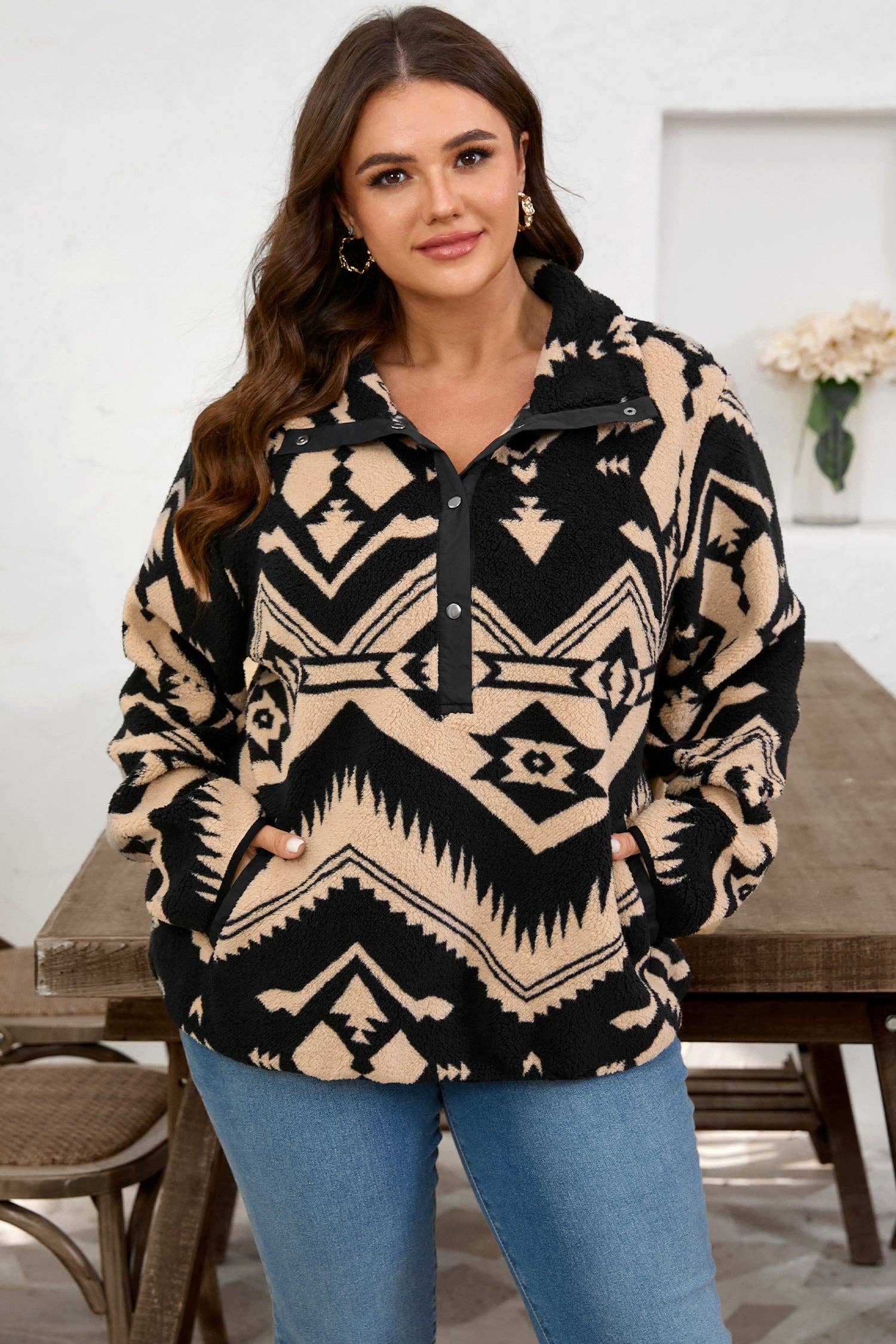 Black Plus Size Western Aztec Fleece Half Button Sweatshirt for wholesale on Faire0
