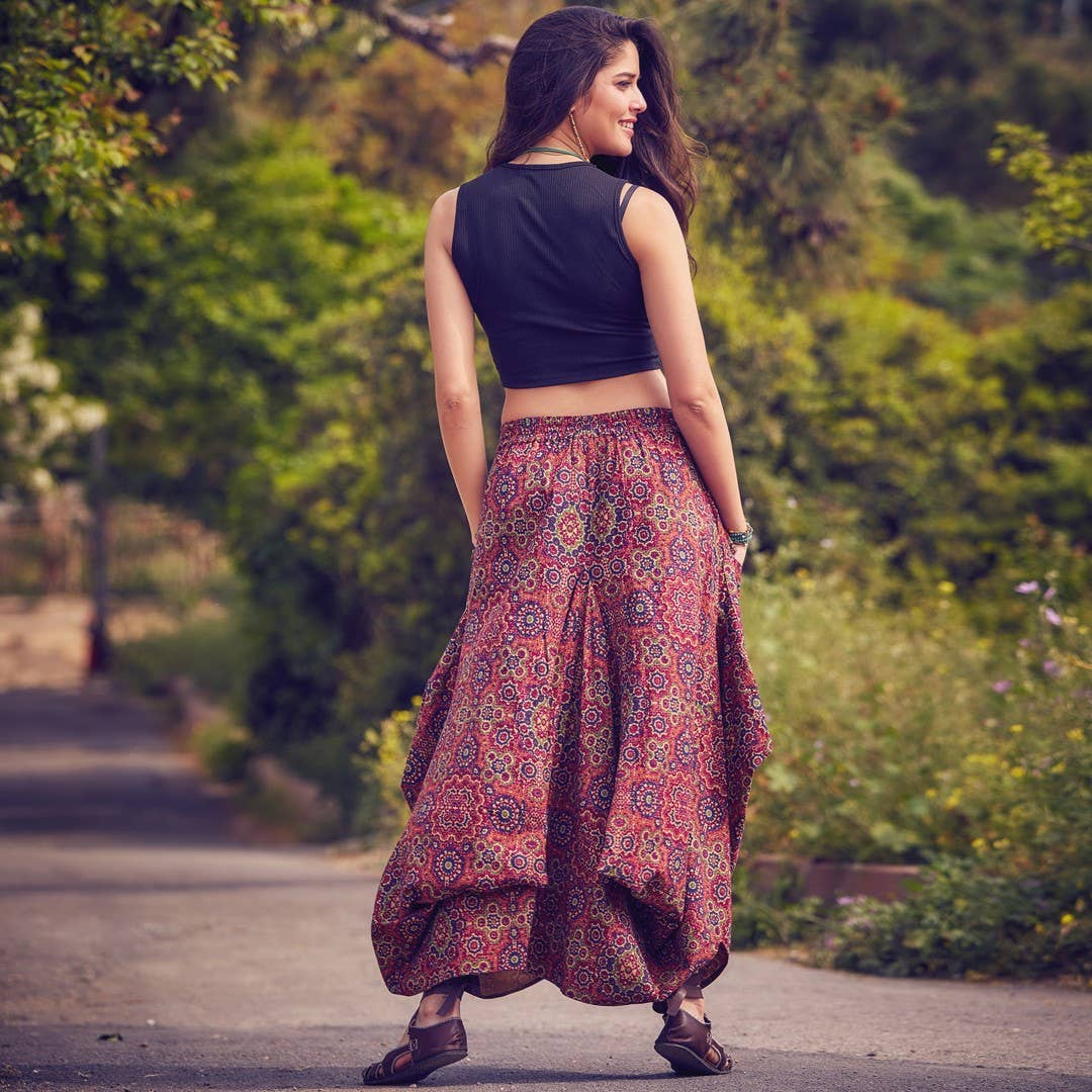 Los Banditos - Wholesale Skirt - Women's - Retro Print Asymmetrical Hem Tie Waist  Boho Long Skirt3