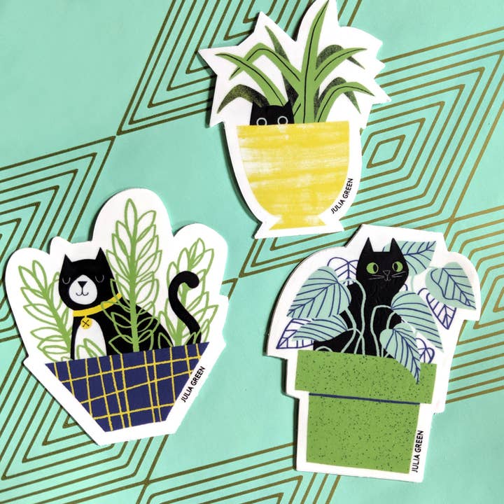 Matte Vinyl Weather-Proof Sticker – Black Cat House Plant for wholesale by Julia Green Illustration