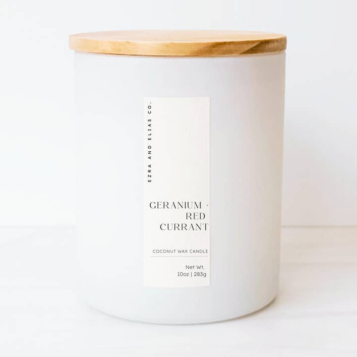 Geranium + Red Currant | Coconut Candle 10 oz. White Matte for wholesale by Ezra and Elias Co.