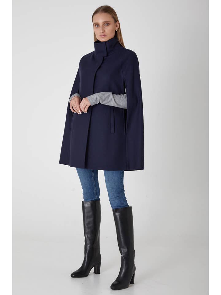 Allora - Wholesale Cape - Women's - Single Breasted Wool Cashmere Cape Coat - Ink