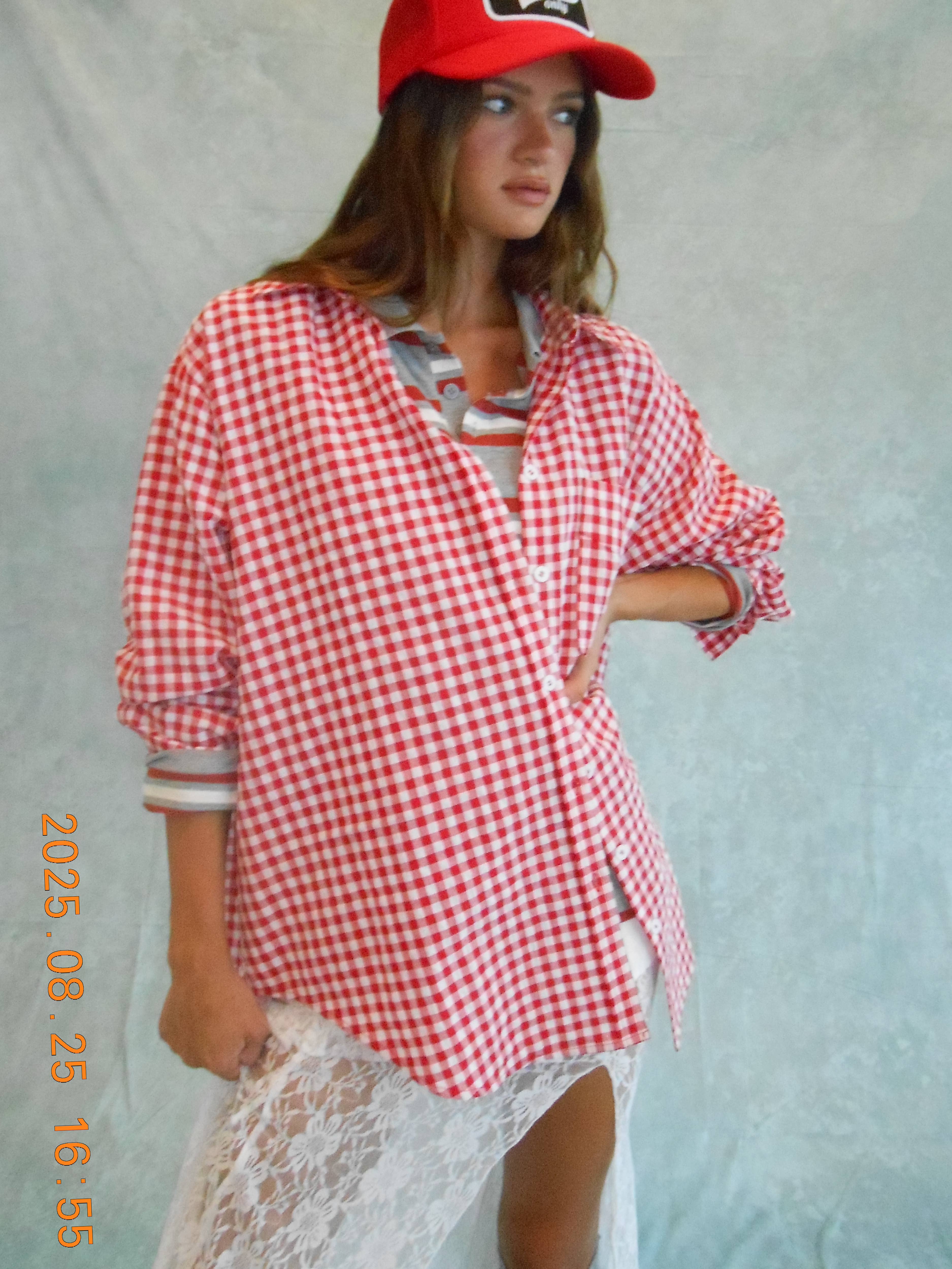 Mimosa - Wholesale Button Down Shirt - Women's - Oversized Gingham Button Down Shirt0